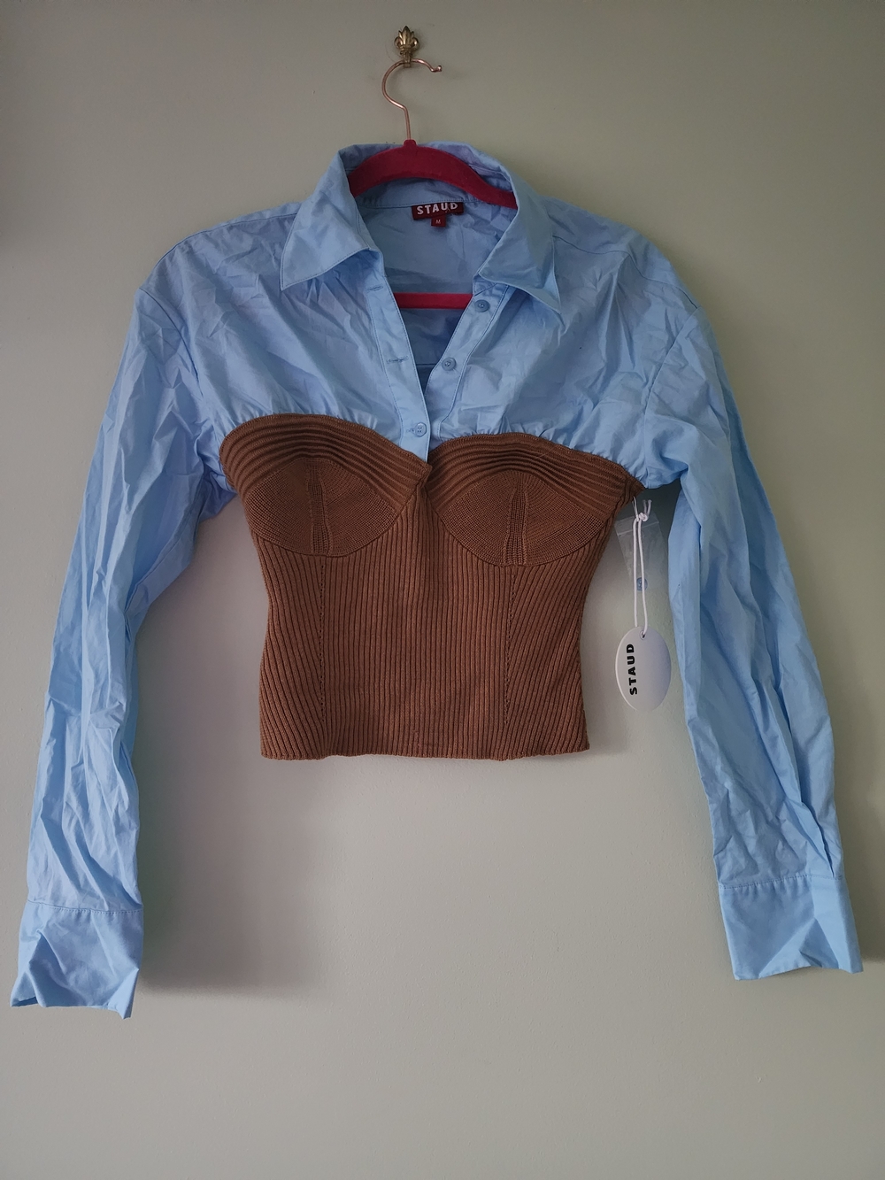 STAUD Light Blue Button-Down with Brown Ribbed Bustier
